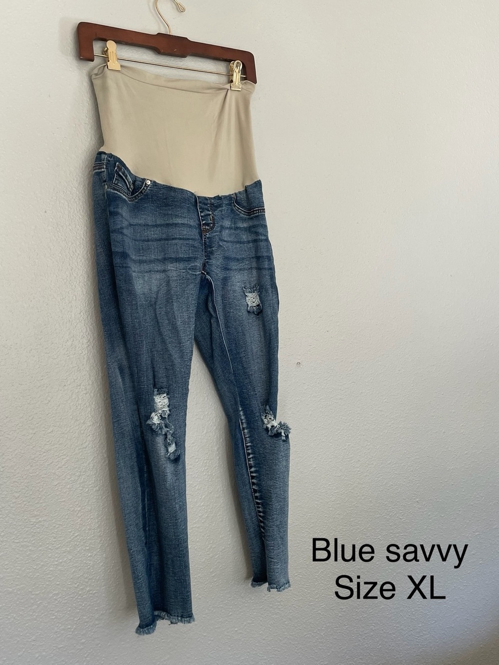 Blue Savvy Women’s Skinny Maternity Jeans with Beige Overband